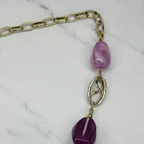 Chico's Gold Tone Purple Beaded Y-Drop Linear Pendant Necklace ✨ - Picture 4 of 10